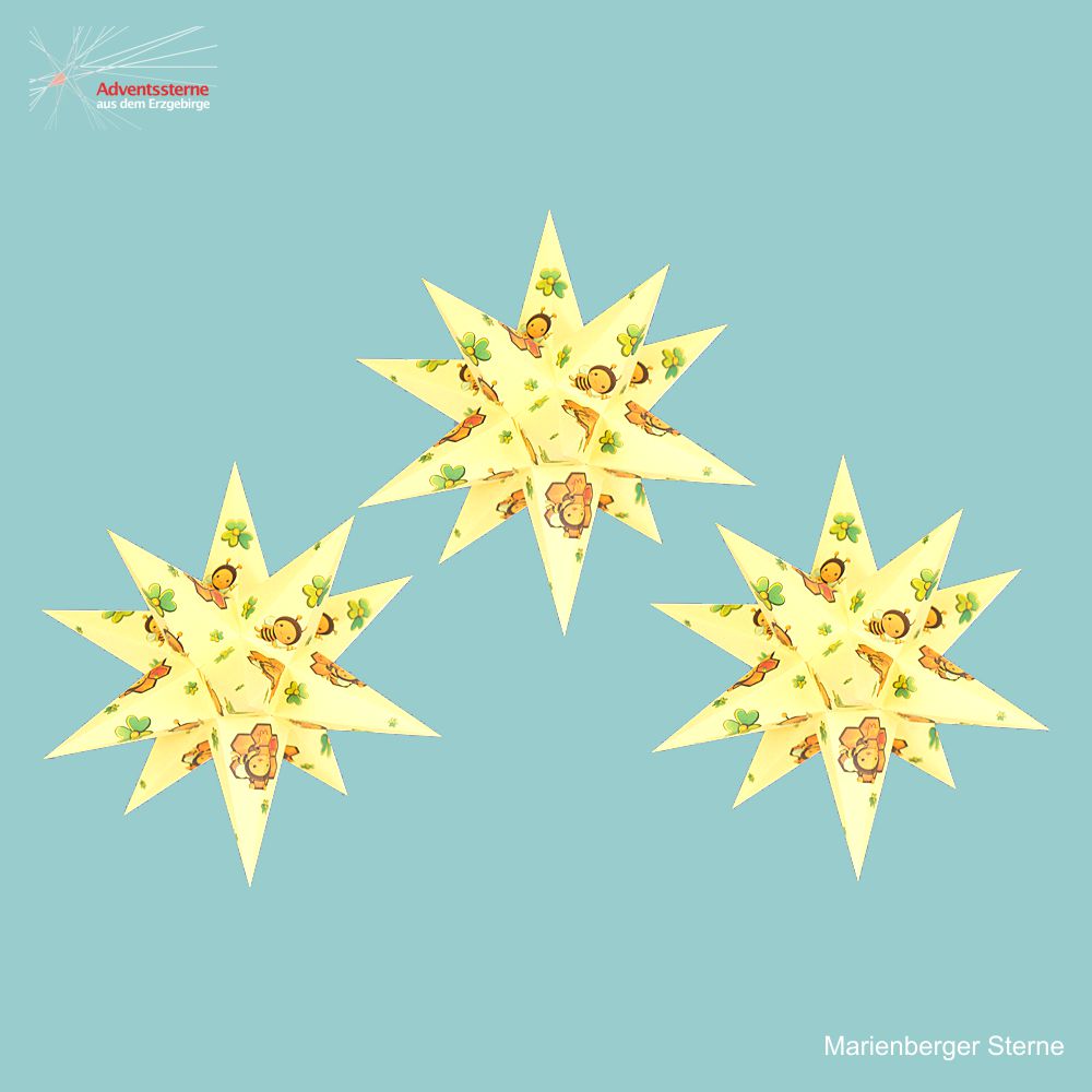 Artikel Bild: 3 Motivsterne gelb Biene 16 cm mit 6 Std. Timer + Batteriebeleuchtung